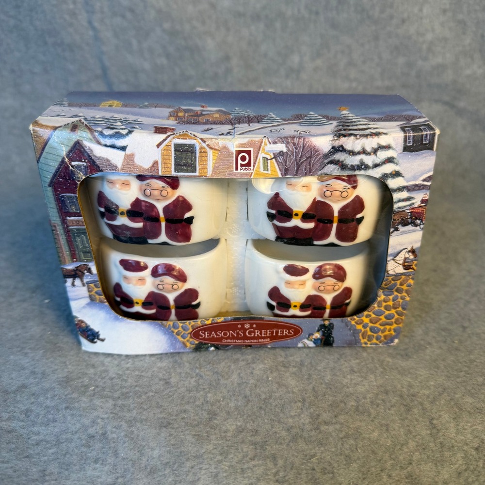 Publix Season's Greeters Napkin Rings Set of 4 White Santa Mrs Claus Ceramic NEW
